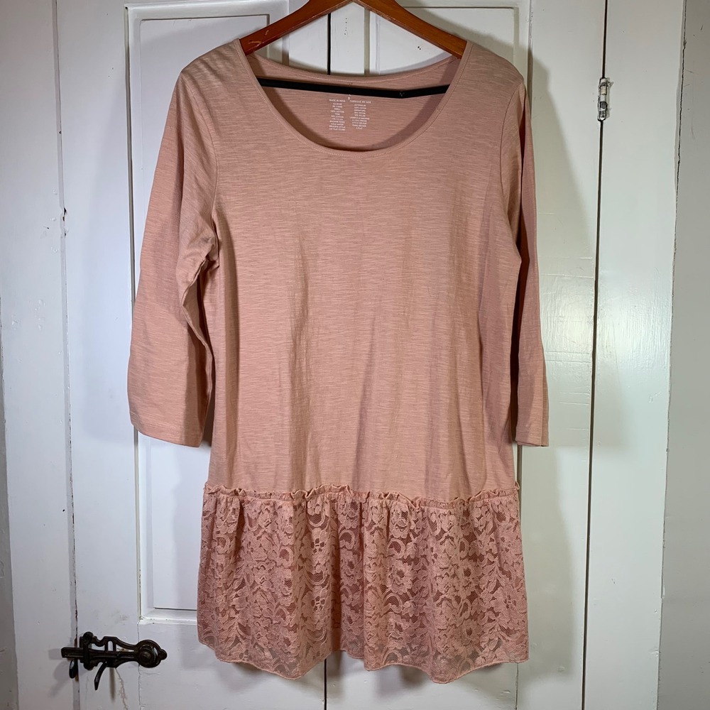 April Cornell‎ Pink Lace Trim Cotton Tunic Dress Top Women Small Feminine FLAW